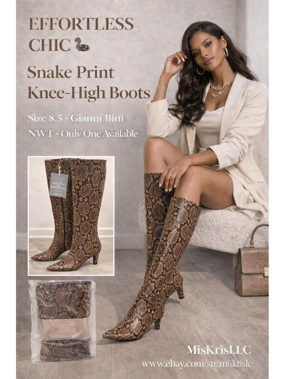 Gianni Bini Snake Print Tall Boots Size 8.5 Pointed Toe Kitten Heel Brown NWT